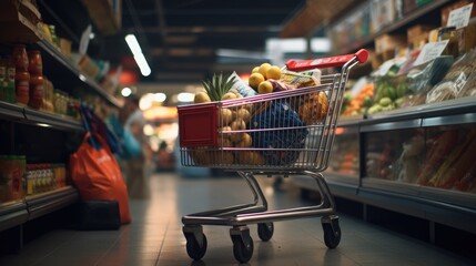 Shopping cart full of food and drinks and supermarket shelves behind grocery shopping concept.