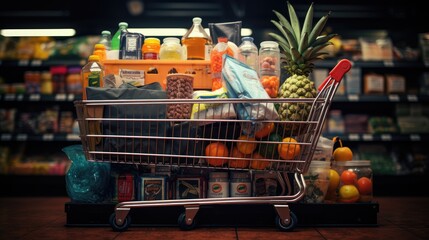Shopping cart full of food and drinks and supermarket shelves behind grocery shopping concept.