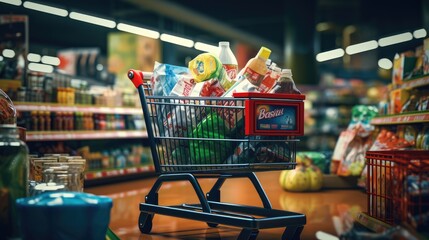 Shopping cart full of food and drinks and supermarket shelves behind grocery shopping concept.