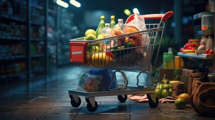 Shopping cart full of food and drinks and supermarket shelves behind grocery shopping concept.