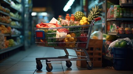 Shopping cart full of food and drinks and supermarket shelves behind grocery shopping concept. - obrazy, fototapety, plakaty