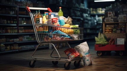 Shopping cart full of food and drinks and supermarket shelves behind grocery shopping concept. © somchai20162516