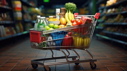 Shopping cart full of food and drinks and supermarket shelves behind grocery shopping concept.