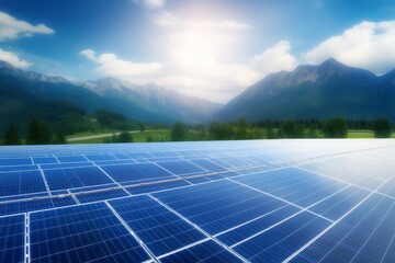 Sunlit Mountain Landscape with Solar Panels: Clean Energy and Majestic Scenery