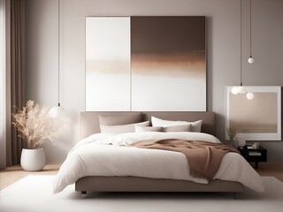 interior of a bedroom with nightstands and painting