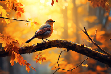 Cute bird in the autumn forest with autumn leaves.Created with Generative AI technology.