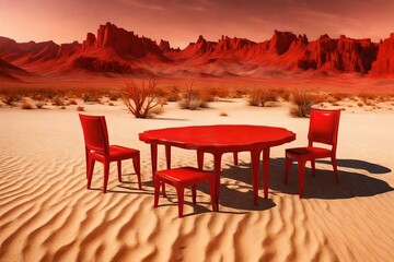 red table and chairs in desert