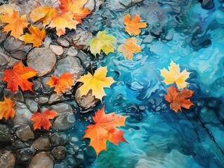 colorful autumn maple leaves in crystal clear water, fall foliage, horizontal, generative AI
