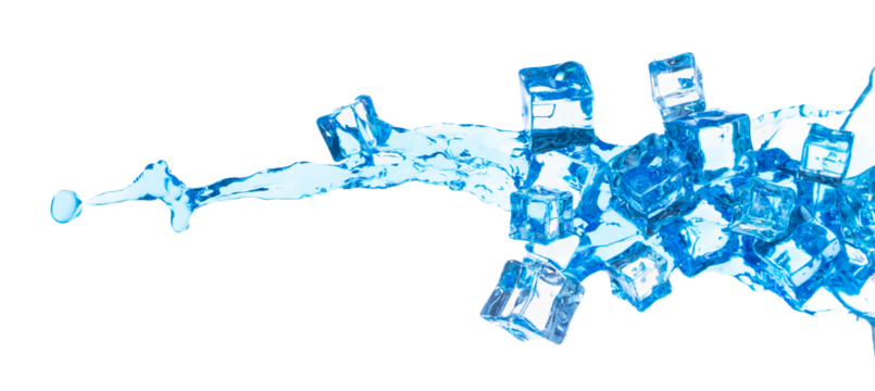 Ice Cubes fresh water pouring flying, crystal clear ice cool water wave floating, fall down in air. Fresh water Ice cube is frozen water healthy thirsty. White background Isolated high speed shutter