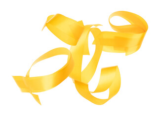 Yellow Gold ribbon long straight fly in air with curve roll shiny. Yellow Golden ribbon for present gift birthday party to wrap around decorate and make of long straight. White background isolated