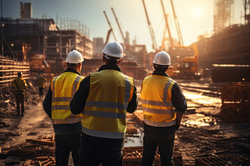 A group of civil engineers, dressed in safety vests and helmets, stands on a road construction site.Generated with AI - 647516144