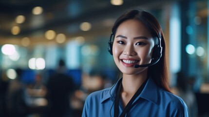 Customer service representative with curly hair talking through headset, Generative AI Illustration