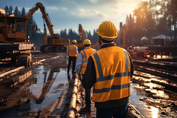 A group of civil engineers, dressed in safety vests and helmets, stands on a road construction site.Generated with AI - obrazy, fototapety, plakaty
