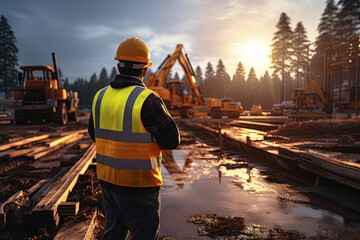 A group of civil engineers, dressed in safety vests and helmets, stands on a road construction site.Generated with AI