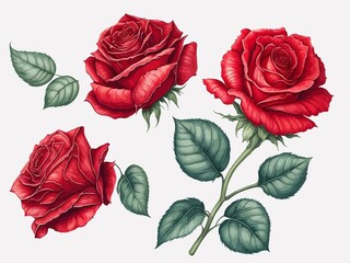 Beautiful red rose set flower on an isolated white background, watercolor vector illustration, botanical painting