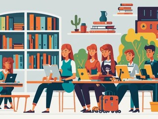 Education and students. Vector illustrations of a school, a student reading for lessons, people listening to a lecture and a pattern of books and textbooks for a background, poster
