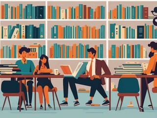 Education and students. Vector illustrations of a school, a student reading for lessons, people listening to a lecture and a pattern of books and textbooks for a background, poster
