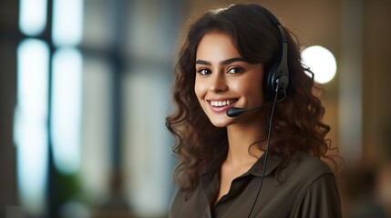 Customer service representative with curly hair talking through headset, Generative AI Illustration