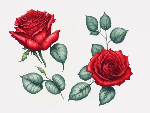 Beautiful red rose set flower on an isolated white background, watercolor vector illustration, botanical painting