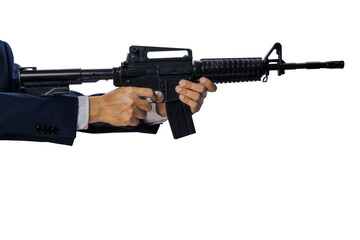 Hand Holding Automatic M 16 Machine Gun isolated on white background, Hand Holding Rifle Gun on White Background With clipping path.