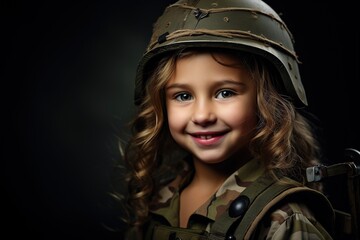 Obraz premium Portrait of a beautiful little girl in a military uniform on a dark background
