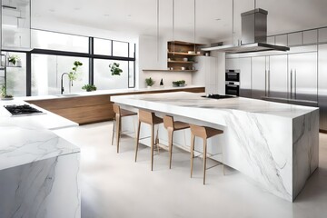 a minimalist kitchen with hidden appliances, a marble waterfall island, and under-cabinet lighting.