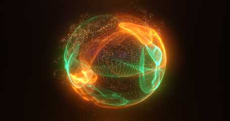 Abstract green orange energy sphere of particles and waves of magical glowing on a dark background