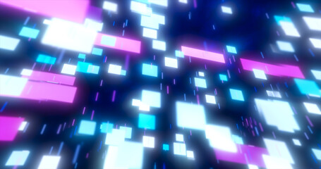 Purple and blue energy squares and rectangles particles magic glowing hi-tech futuristic abstract background