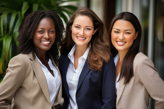 Three women standing next to each other. This image can be used to depict friendship, teamwork, diversity, or group of colleagues.