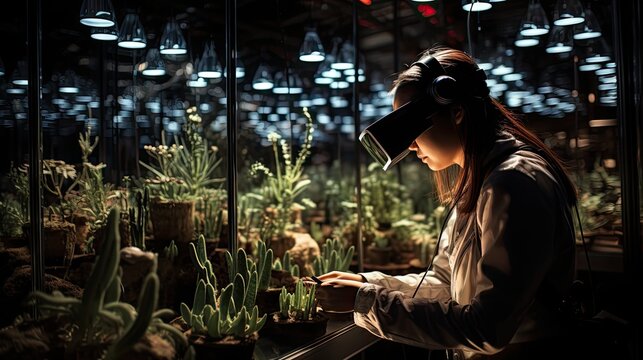 A luminous figure examines cacti in a futuristic greenhouse, where the glow of artificial lighting complements the natural beauty of the plants. - Powered by Adobe