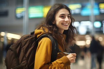 Woman with backpack is captured smiling directly at camera. This image can be used to convey positivity, adventure, travel, or outdoor activities.