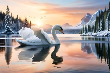 swan on the lake at sunset - obrazy, fototapety, plakaty