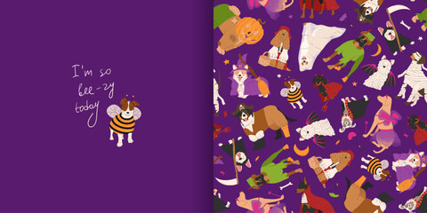 Halloween seamless pattern with dogs in cute halloween costumes. Funny greeting card with dog in bee suit. Trick or treat. Happy Halloween vector illustration. Ideal for holiday cards, decorations and