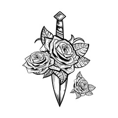 sketch with dagger and rose. Hand drawn illustration converted to vector