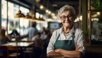 Obraz premium Elderly woman cheerfully working in a restaurant with apron