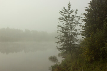 Photography. Autumn landscape. Foggy morning on the river. Russia.