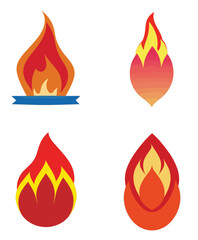 Set of vector illustrators fire, cartoon bonfire and heat icons, flat 2D icons city, summer and sparks.