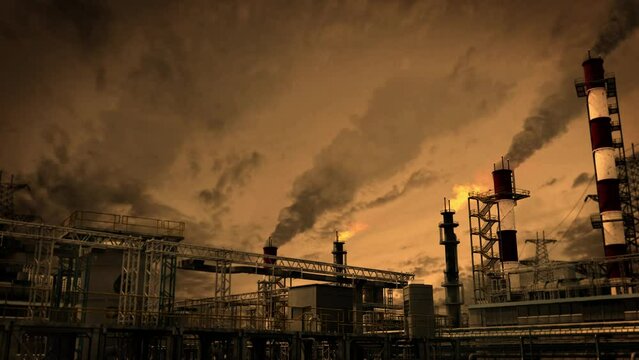 naphtha or power plant at sunset - heavy industrial facility, fictional - loop video