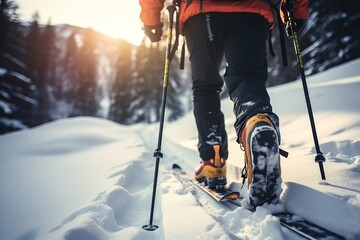 Mountaineer backcountry ski walking in the mountains. Adventure winter extreme sport. Detail boots. ai generative - obrazy, fototapety, plakaty