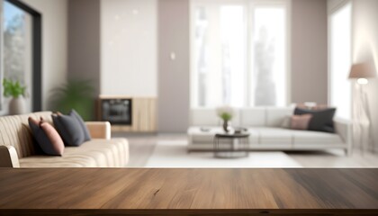 modern living room with table room with a table, wood table with blurred modern apartment interior background, modern living room with Empty wooden tabletop with blurred living room,o, High quality,