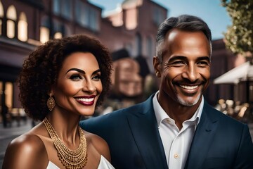 Beautiful portrait of a mixed race couple smiling with a city in the background.