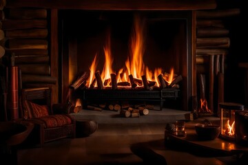 A mesmerizing close-up of a roaring fireplace, the crackling flames dance and weave with an enchanting rhythm