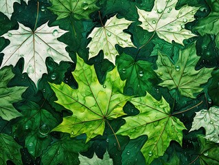 dew on maple leaves, green background, 3d textured digital oil painting wallpaper, generative AI