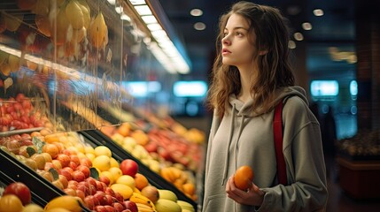 woman buying fruit at the supermarket Grocery shopping.