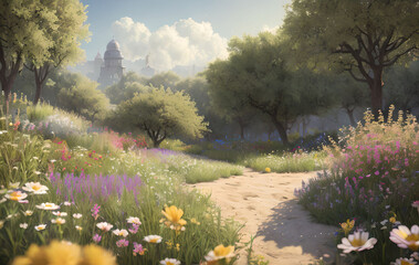 Obraz premium Fantasy fairy-tale landscape in pink tones, trees, flowers, grass, Generative AI