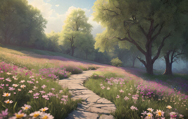 Fantasy fairy-tale landscape in pink tones, trees, flowers, grass, Generative AI