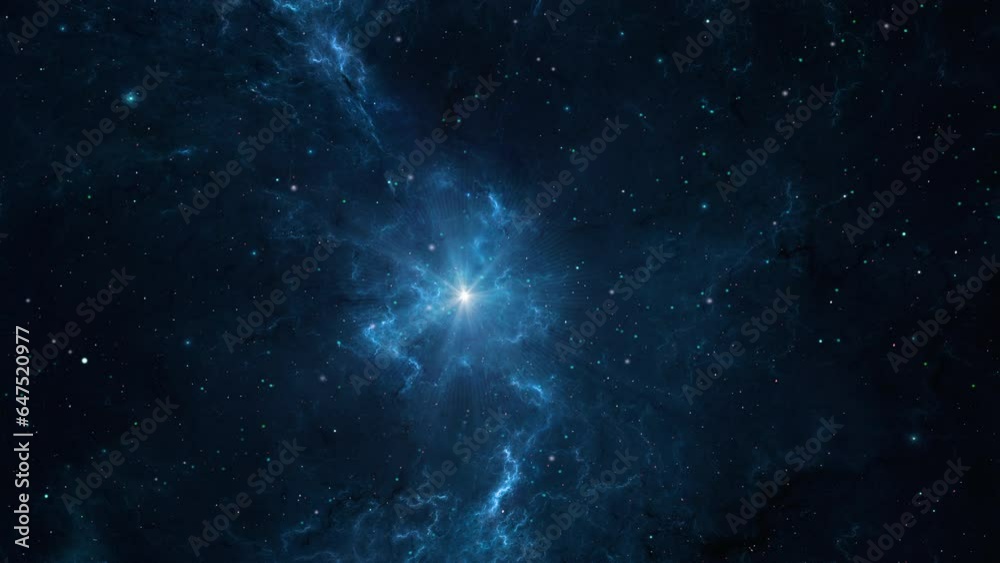 Wall mural space background. fly through colorful blue nebula with star field. digital animation