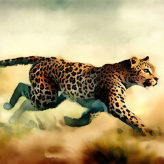Watercolor style painting of a cheetah leopard on the African savannah. Created with Ai.