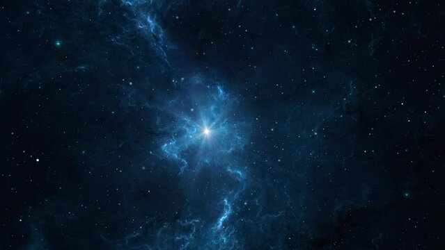 Space background. Fly through colorful blue nebula with star field. Digital animation