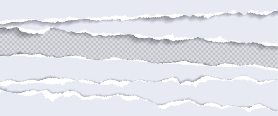 Uneven edges of torn paper pages on transparent background. Vector realistic illustration of ripped white sheet border, pieces of used notebook, waste material for recycling, tattered document